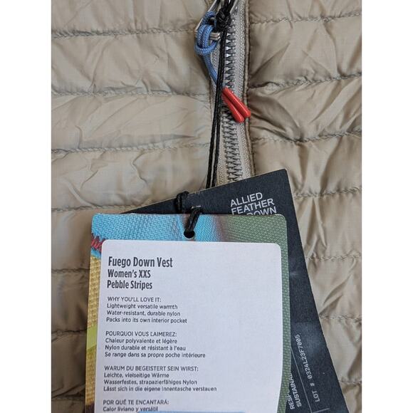 Cotopaxi Fuego Down Vest Womens 2XS Beige Pebble Stripes Lightweight Zip-Up NWT - Picture 3 of 6